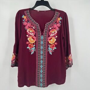 Women Embroidered Tunic Top Size S Boho Floral Oversized Peasant Blouse Festival
